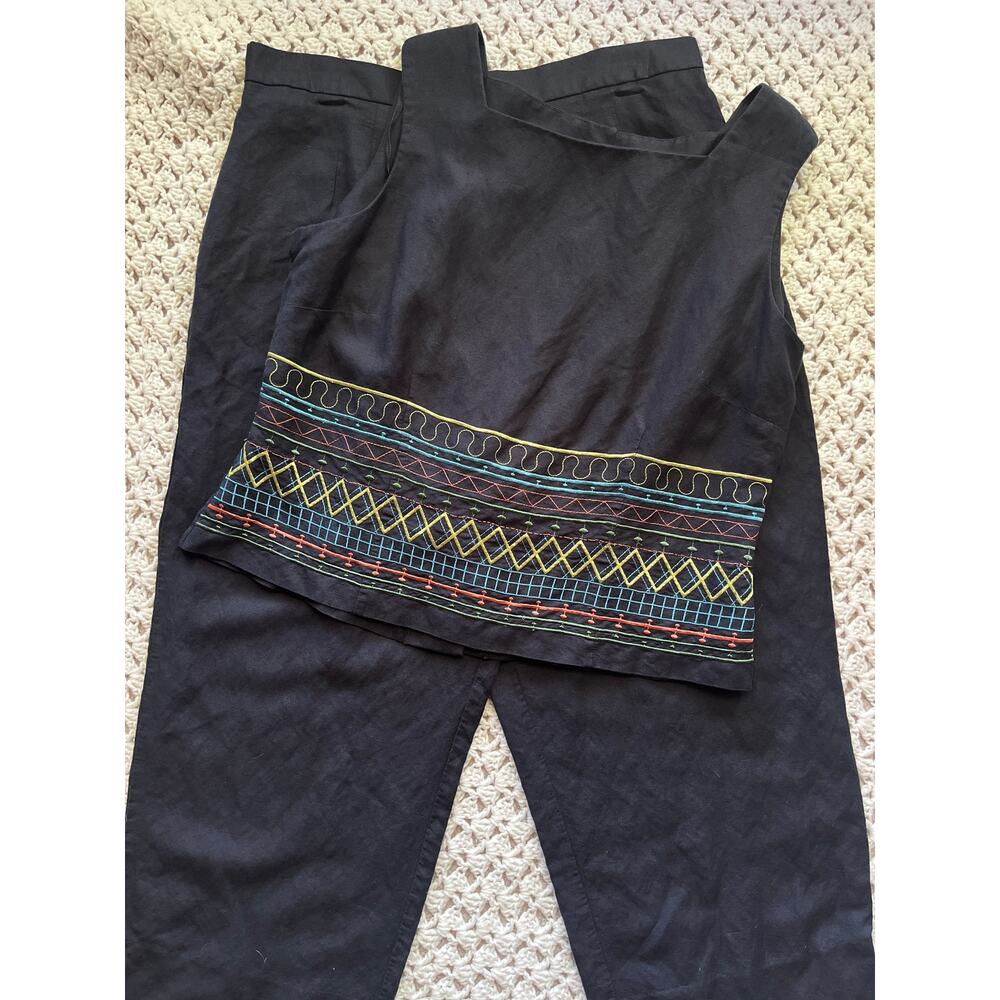 Vintage 90s Black Pants Set Embroidered Cropped Linen Blend Size Large